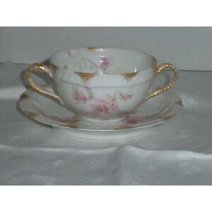 Haviland Limoges Schleiger 54-2 Bouillion Handle Soup Bowl & Saucer Pink Floral